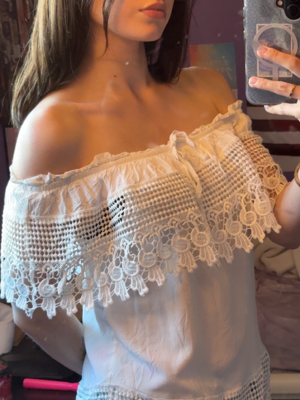 Vintage Lace Delicate Off The Shoulder Summer Top with Beautiful Detailing